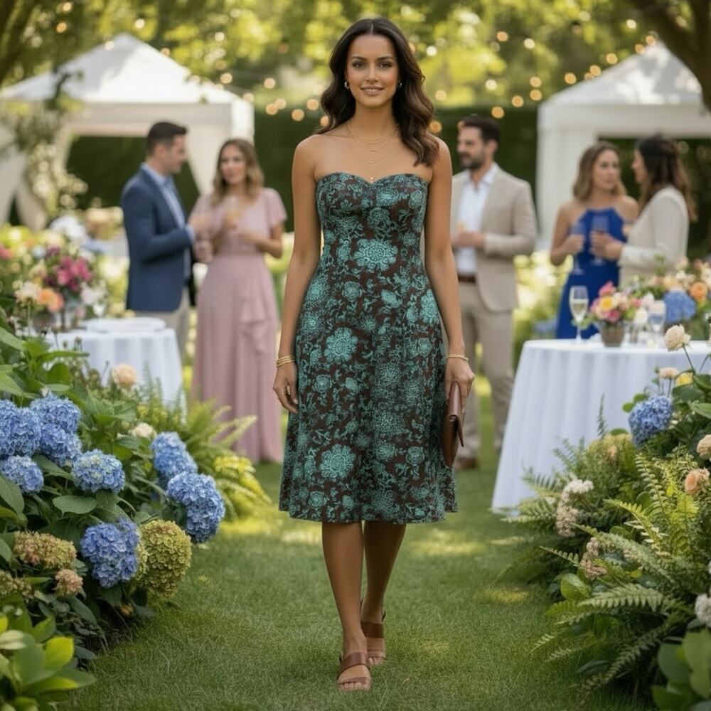 Strapless Floral Dress‎ Brown Teal Fit Flare Midi Wedding Guest Size 4